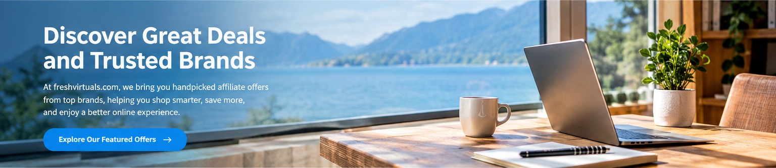 Sunlit workspace with laptop and lake view