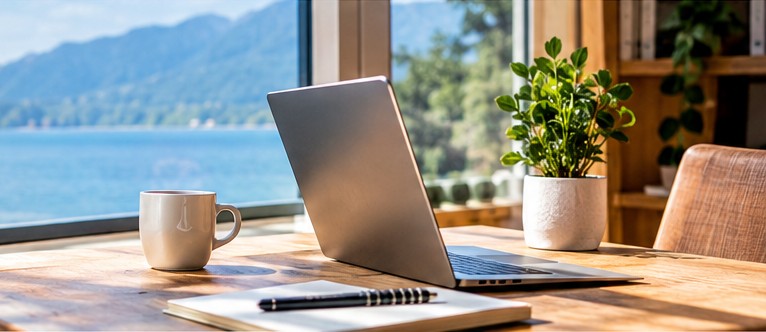 Laptop and workspace in natural light