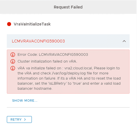 vRealize-Automation-Easy-Installer-LCMVRAVACONFIG590003-Error