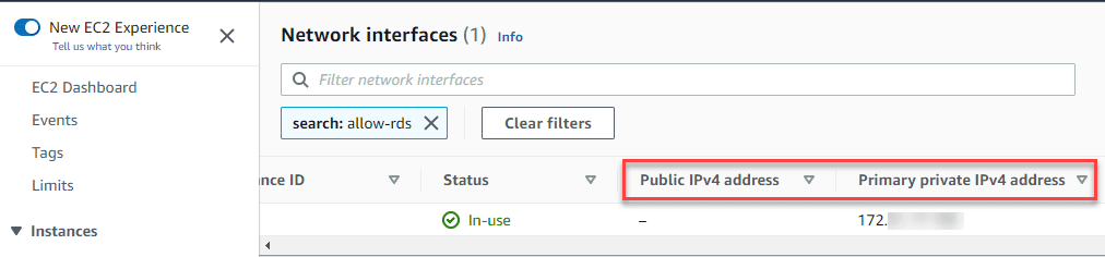Viewing the public and private IP addresses assigned to your RDS instance