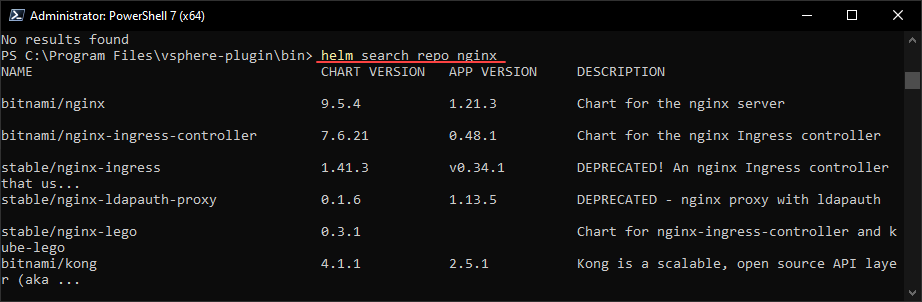 Search for a specific app in a helm repo