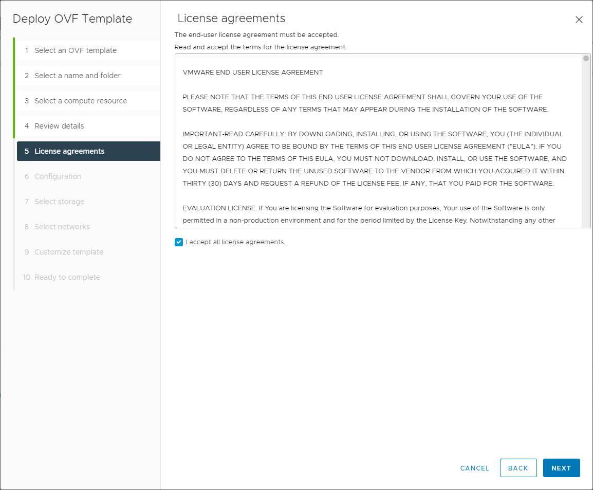 Accept the EULA for deploying the vSAN Witness appliance